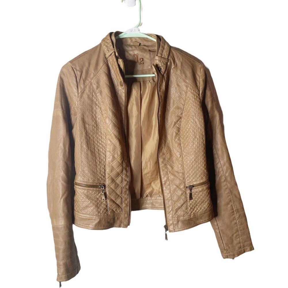 J2 Faux Leather Moto Tan Full Zip Quilted Pattern Jacket, Size Small Jr Womens